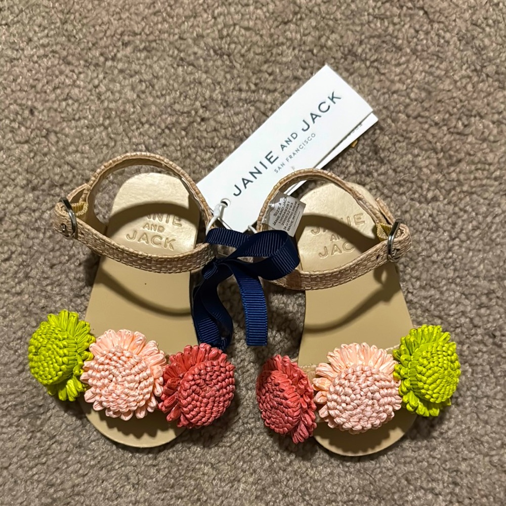 Janie and Jack Kids Sandals with Floral Accents - Tan and Pink